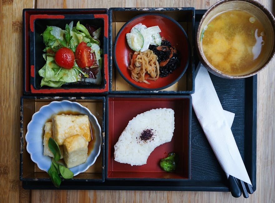 Traditional Japanese bento with miso soup