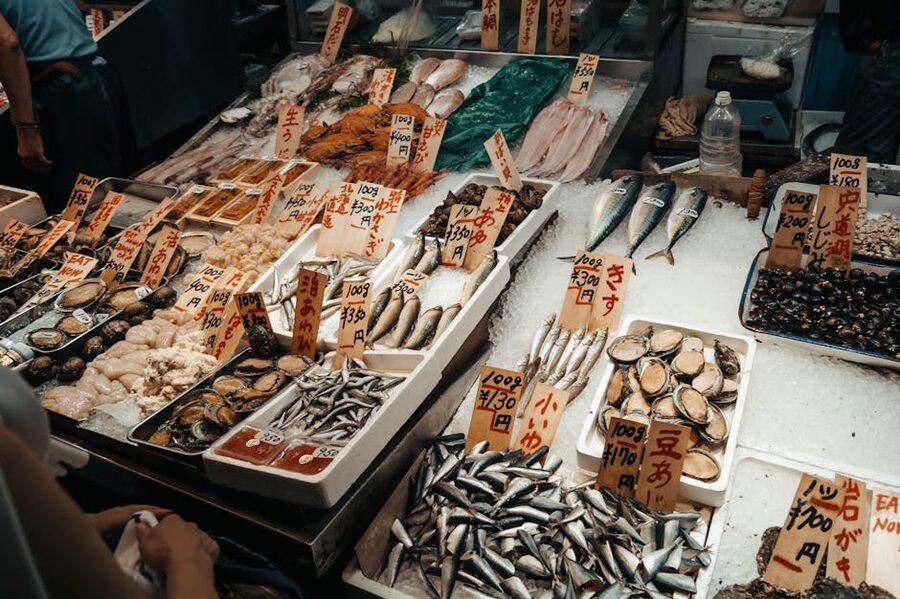 Seafood market display with fresh fish in Kyoto