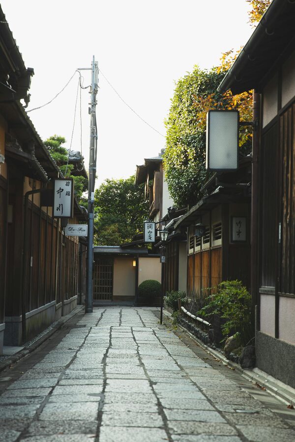Gion evening alley with wooden machiya Kyoto