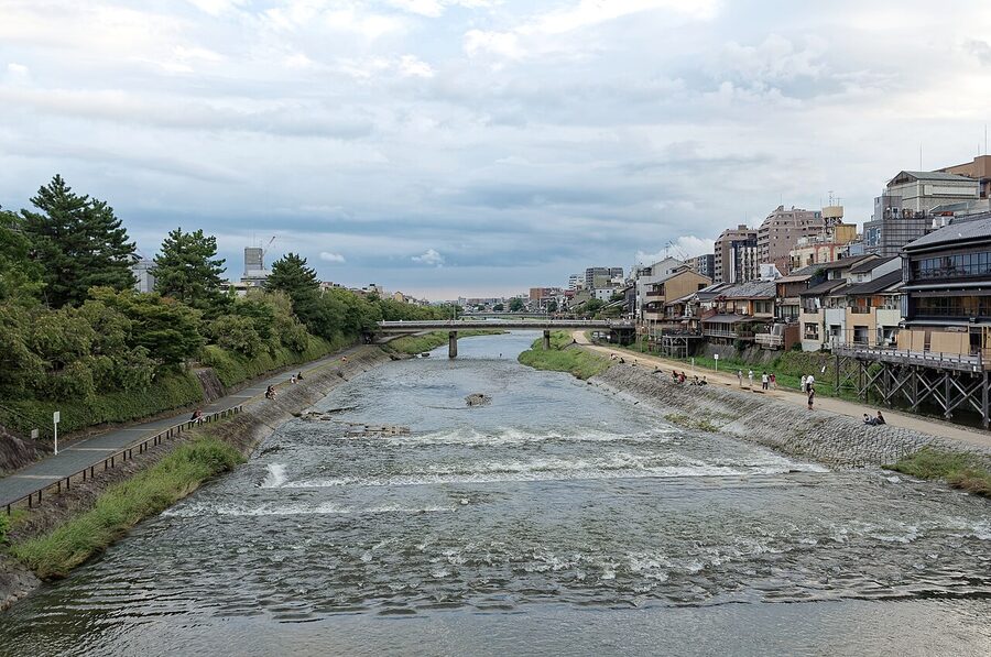 Kamo River in Kyoto with riverside Pontocho buildings