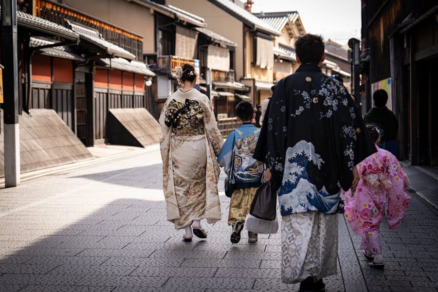 Family in kimono on a historic Kyoto street