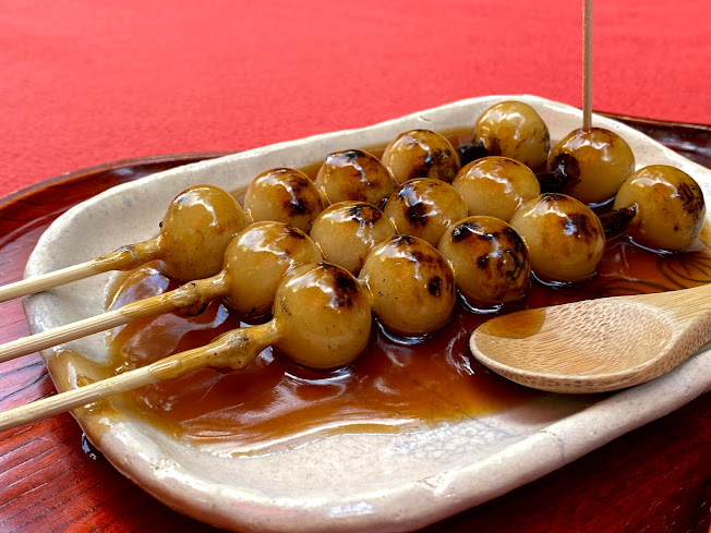 Mitarashi dango rice dumpling skewers in Kyoto