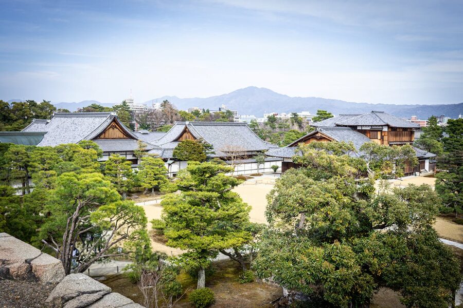 Nijo Castle Kyoto with mountains in background