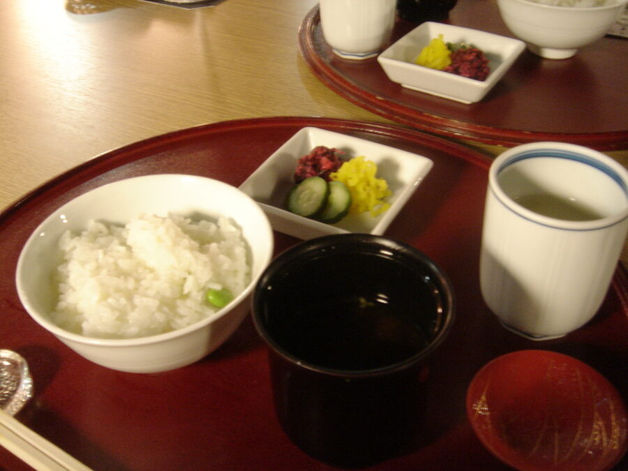 Rice miso soup tsukemono and tea at Pontocho kaiseki restaurant Kyoto