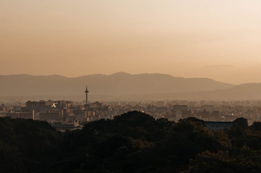 Kyoto cityscape at sunset with Kyoto Tower