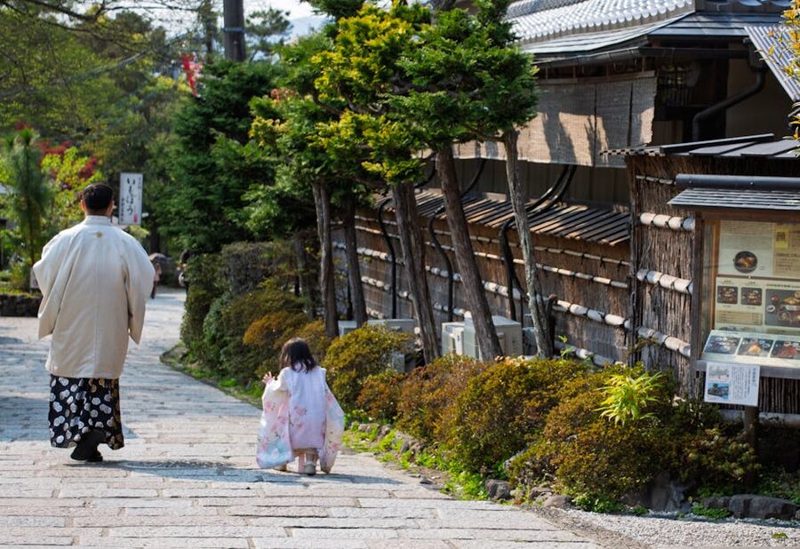 Parent and child walking a traditional Kyoto street