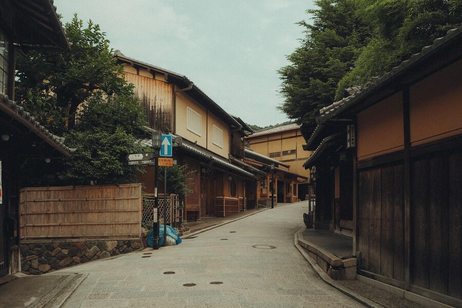 Quiet traditional Kyoto street with machiya facades