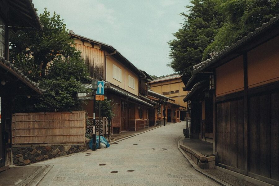 Quiet traditional street in Kyoto with historic architecture