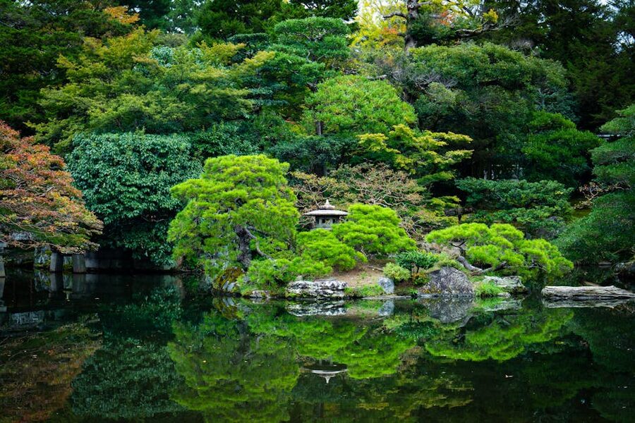 Serene Japanese zen garden with pond in Kyoto