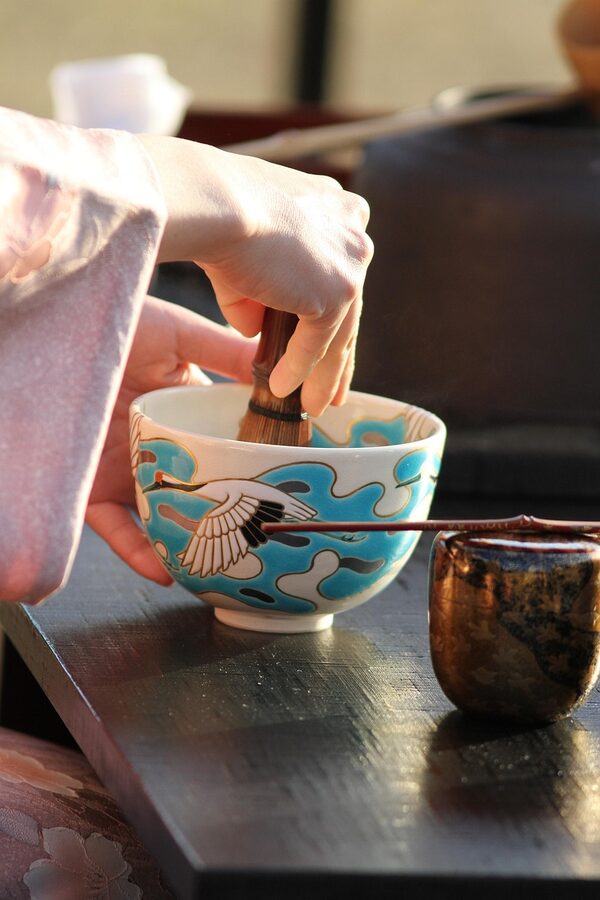Kyoto tea ceremony set arranged on tatami