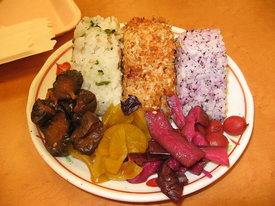 Onigiri rice ball with tsukemono pickle assortment