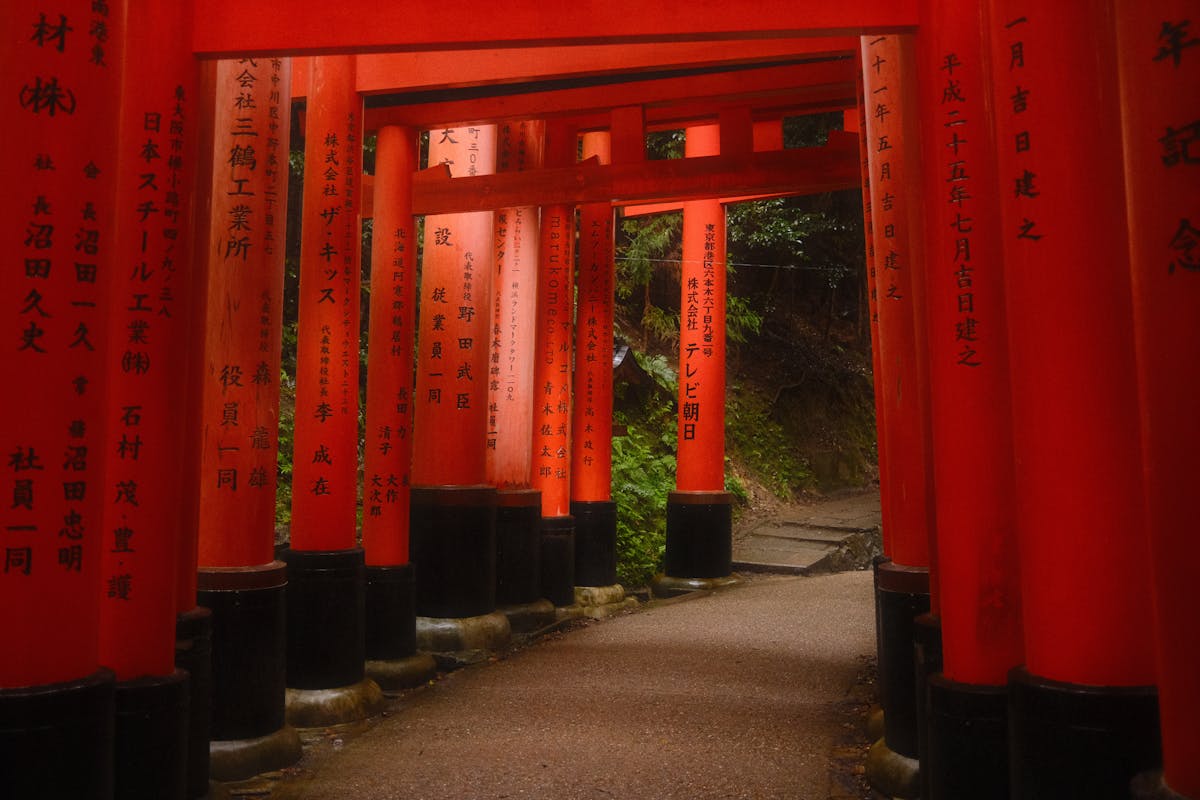 Rows of red torii gates at Fushimi Inari Shrine in Kyoto