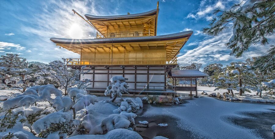 Kinkaku-ji Golden Pavilion covered in snow in Kyoto