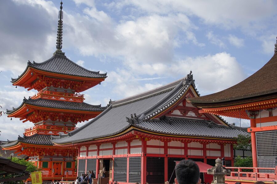 Five-story pagoda in Kyoto with blue sky