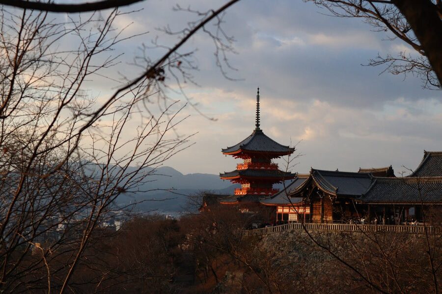 Historic temple in Kyoto during autumn at sunset
