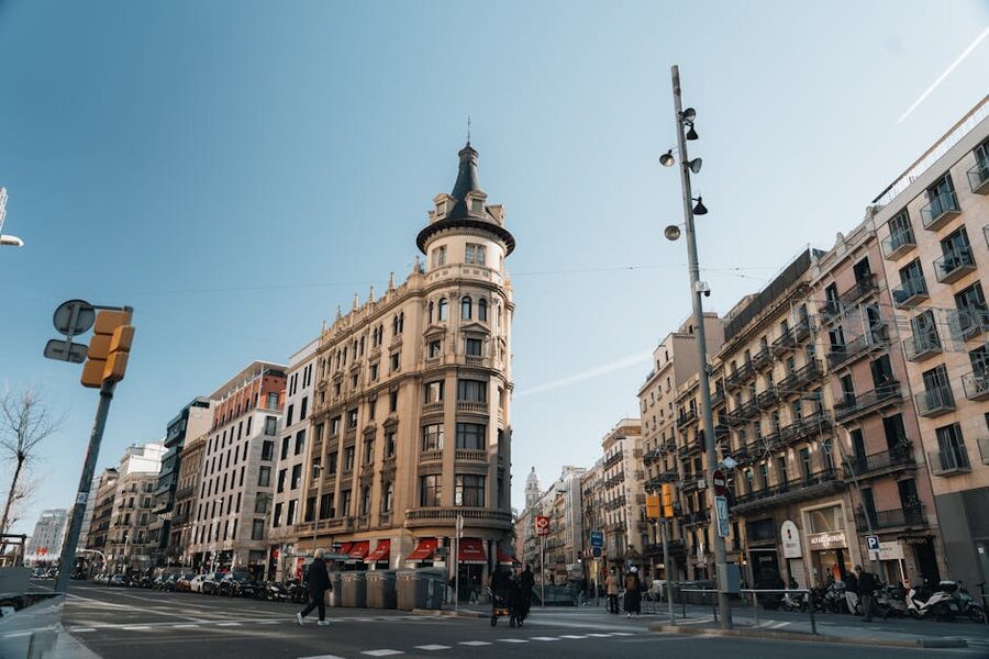Eixample district Barcelona historic street corner near La Pedrera