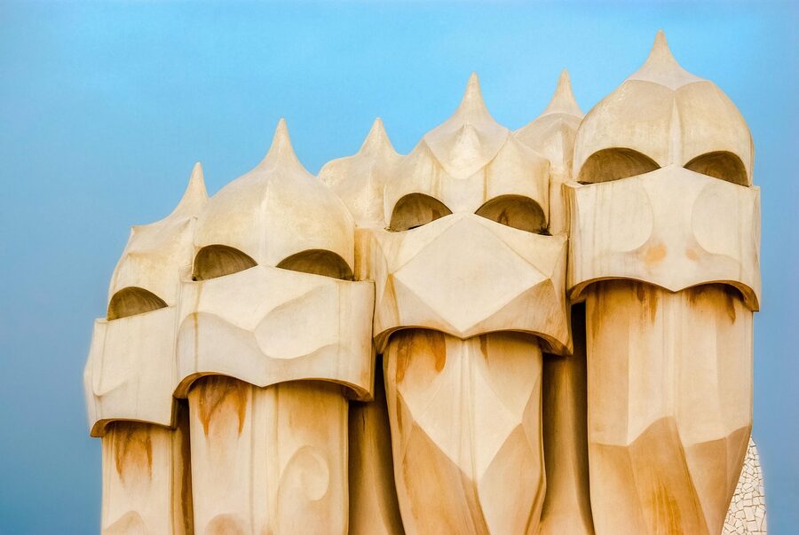 La Pedrera rooftop helmeted chimney detail close-up