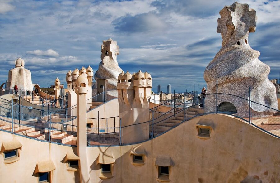 La Pedrera rooftop chimneys panoramic view of Barcelona