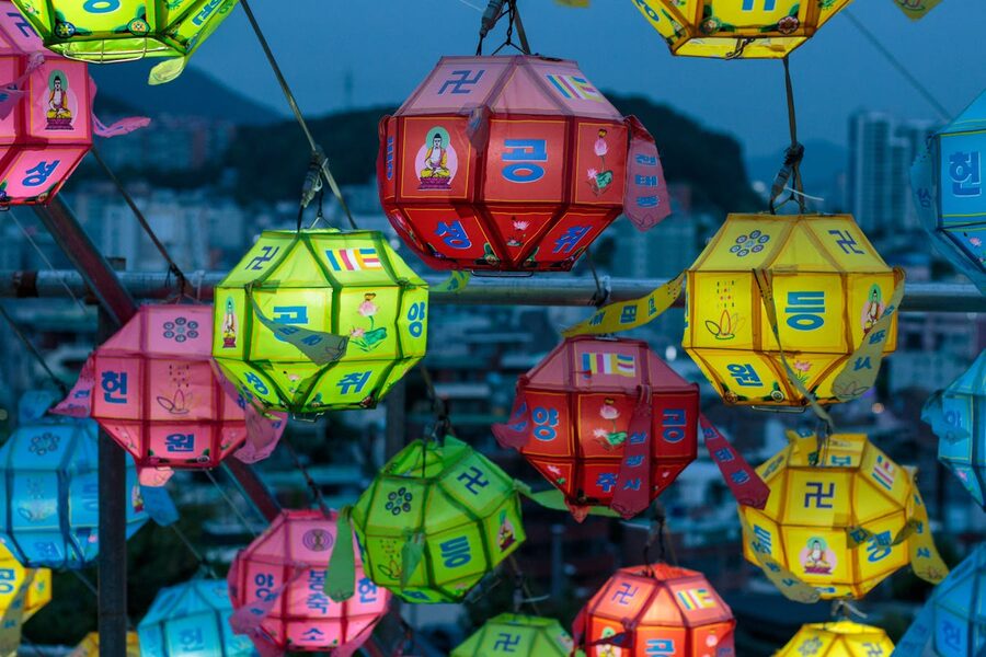 Colorful paper lanterns hanging at a Korean temple