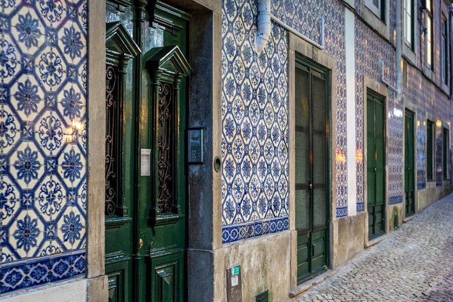 Lisbon Alfama blue and white azulejo street facade