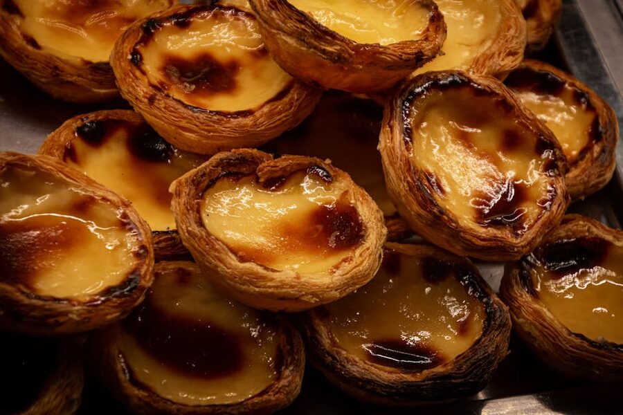 Tray of traditional Portuguese pastel de nata custard tarts