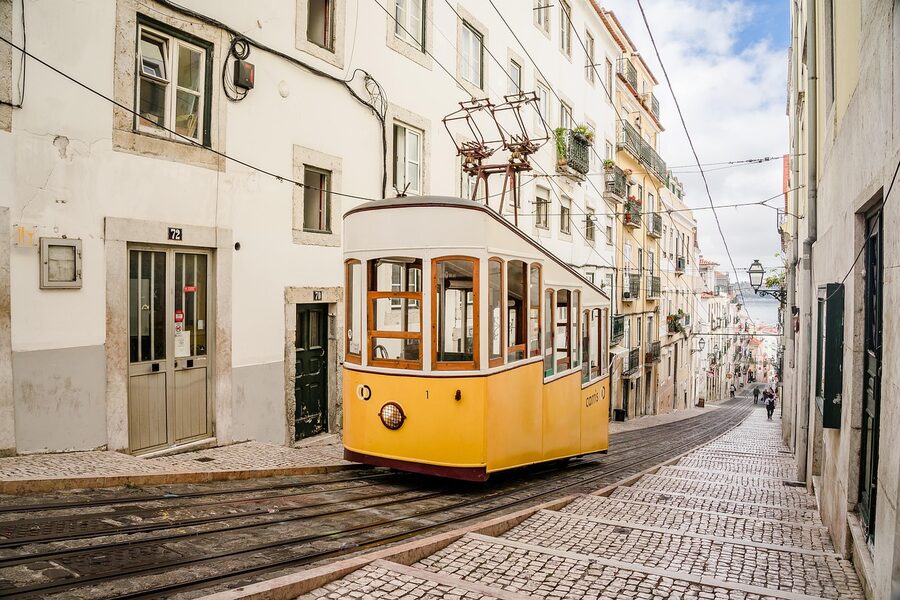 Lisbon yellow tram urban view