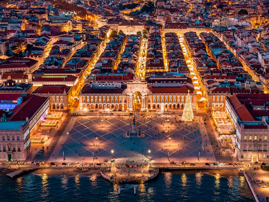 Aerial view of Lisbon Praca do Comercio at dusk