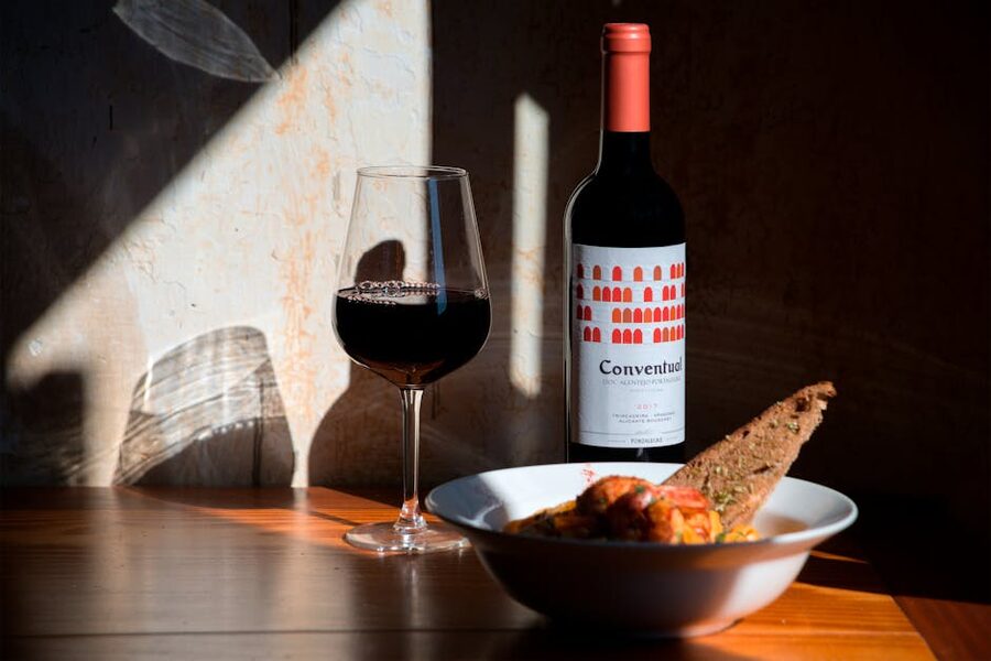 Portuguese red wine and dinner spread