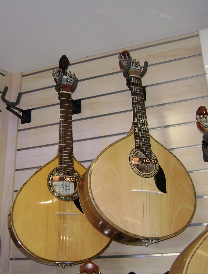 Two Portuguese guitars on display