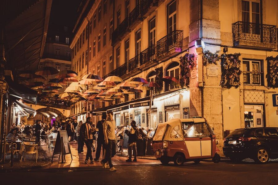 Lisbon historic center cafes at night