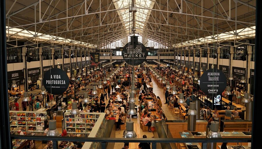 Time Out Market food hall in Lisbon with stalls