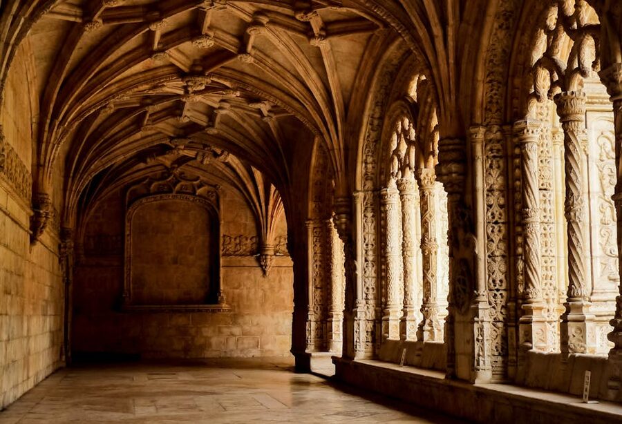 Jeronimos cloister Gothic arches in serene light