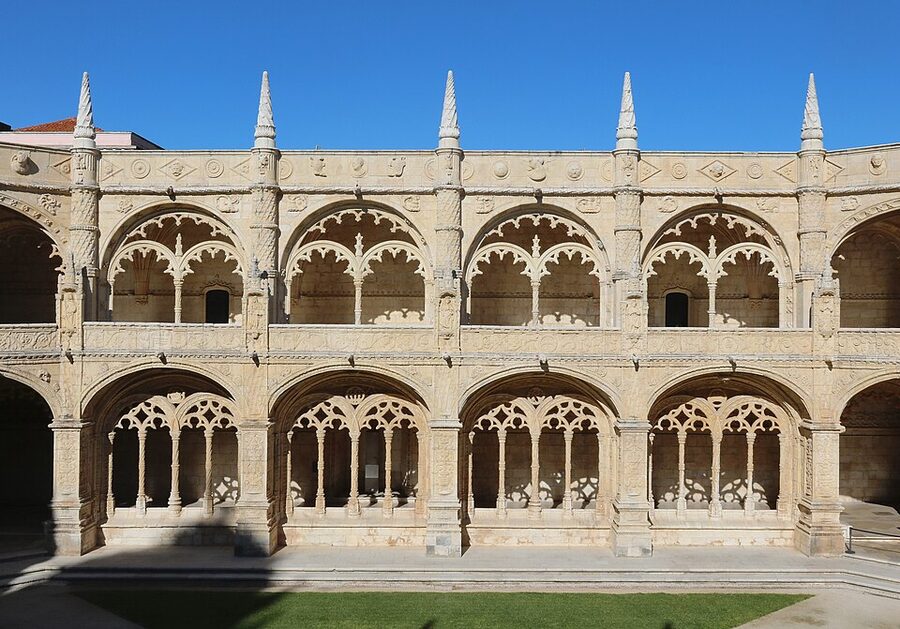 Jeronimos Monastery cloister eastern side with two-story arches