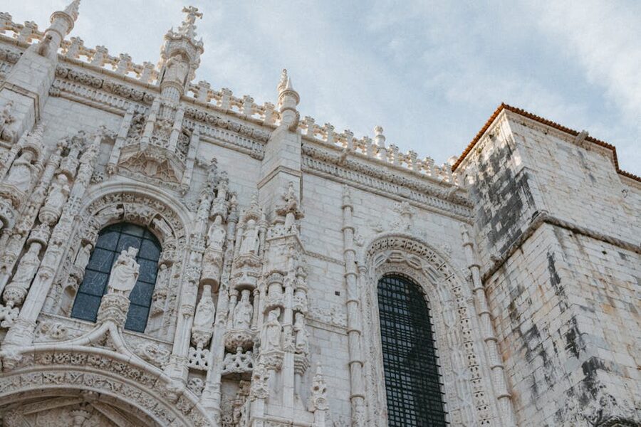 Wide facade of Jeronimos Monastery in Lisbon