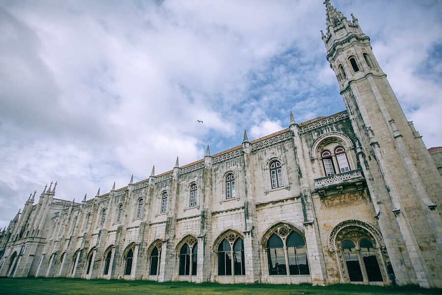 Jeronimos Monastery tower from the front lawn