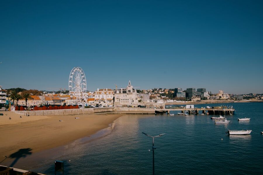 Cascais aerial view of beach and historic buildings