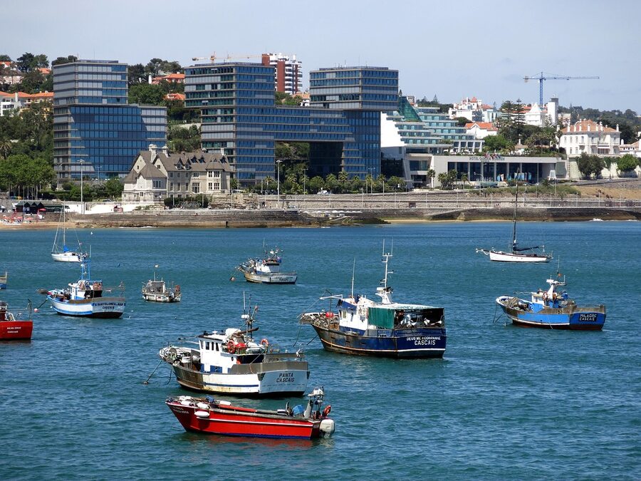 Cascais fishing boat in Atlantic harbour Portugal