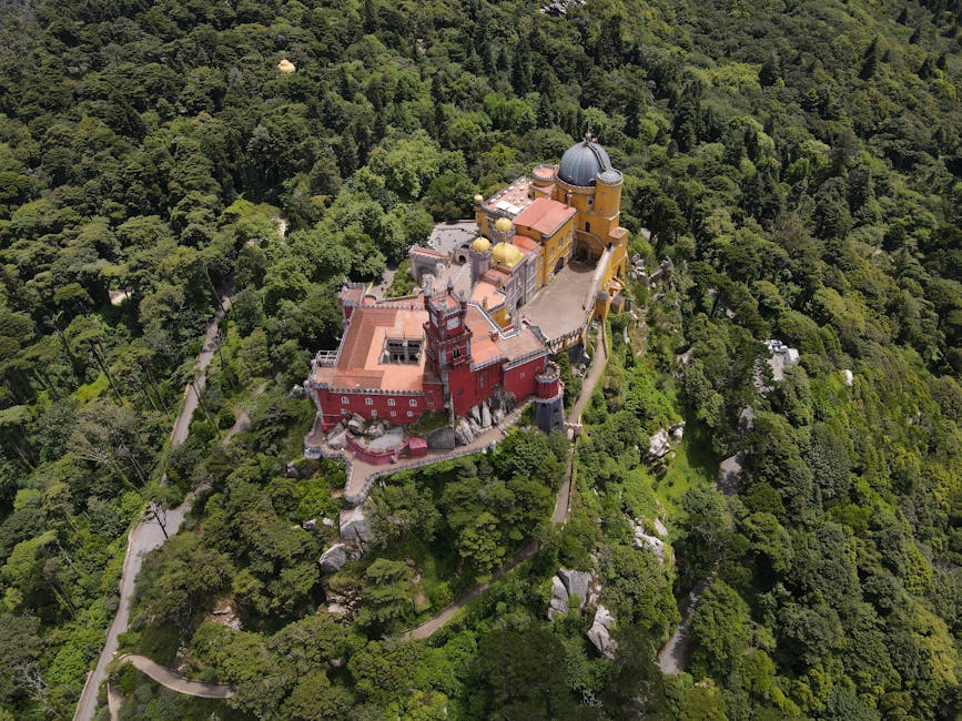 Aerial view of Pena Palace surrounded by forest in Sintra