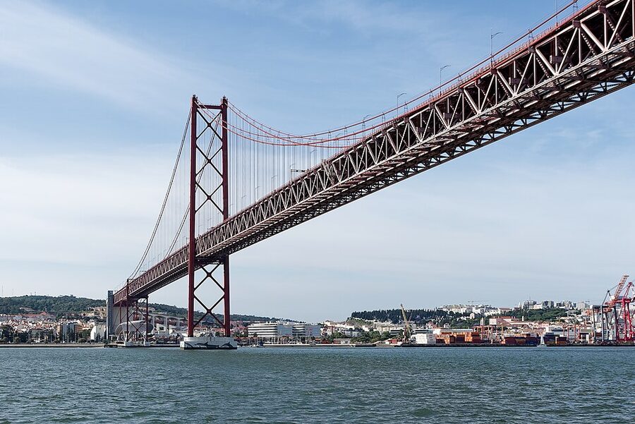 Ponte 25 de Abril seen from the Tagus River below, Lisbon