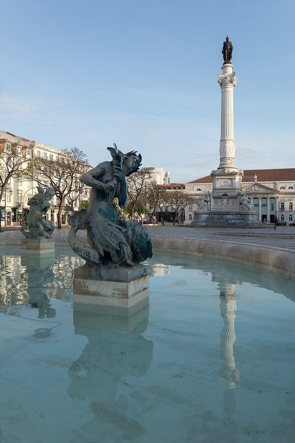 Rossio square Lisbon with Pedro IV monument and south fountain