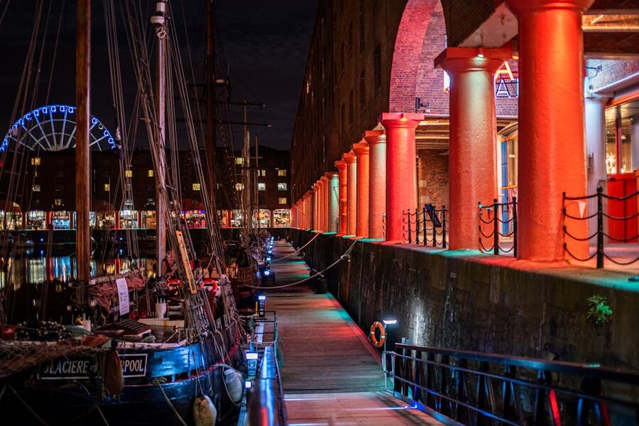 Liverpool Albert Dock at night with the Beatles Story