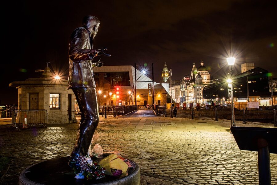 Royal Albert Dock Billy Fury statue at night Liverpool