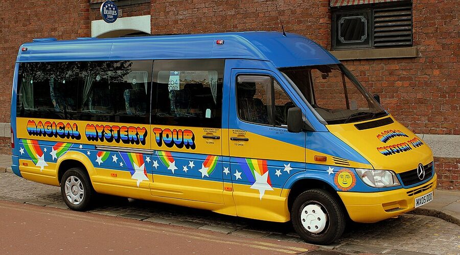Magical Mystery Tour minibus parked at The Beatles Story Albert Dock