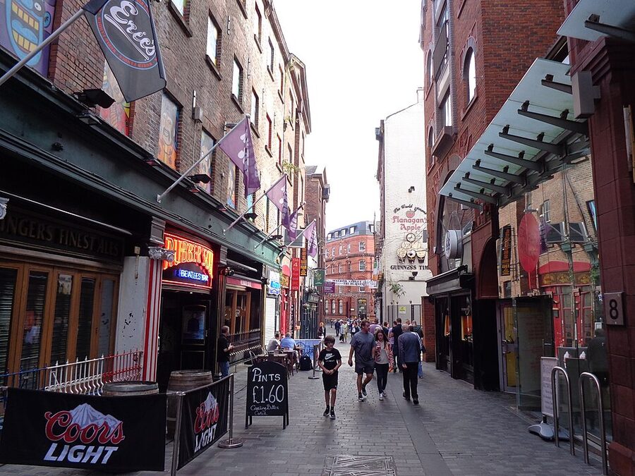Mathew Street, Liverpool, the cobbled street where the Cavern Club sits