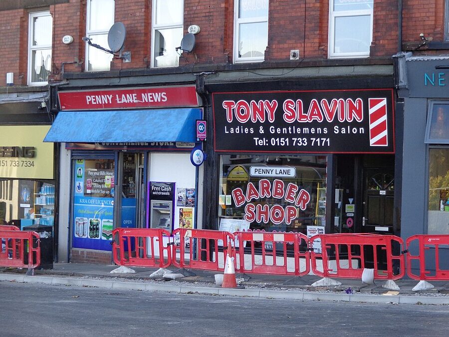 Penny Lane street sign and the shelter in the middle of the roundabout