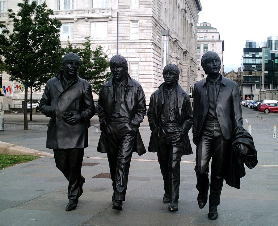 The Beatles bronze statue at Pier Head, Liverpool
