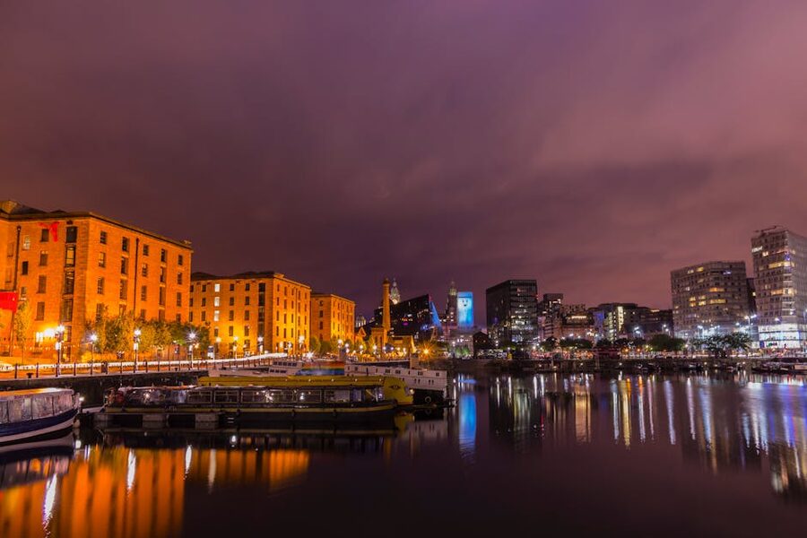 Liverpool Albert Dock with Ferris wheel and waterfront reflection
