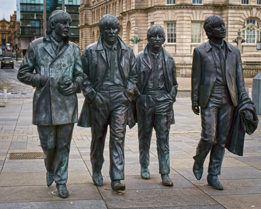 The Beatles bronze statue at Pier Head Liverpool