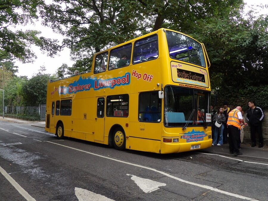 Open-top tour bus on Penny Lane Liverpool
