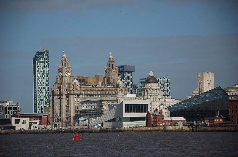 Liverpool Pier Head commercial district with Three Graces